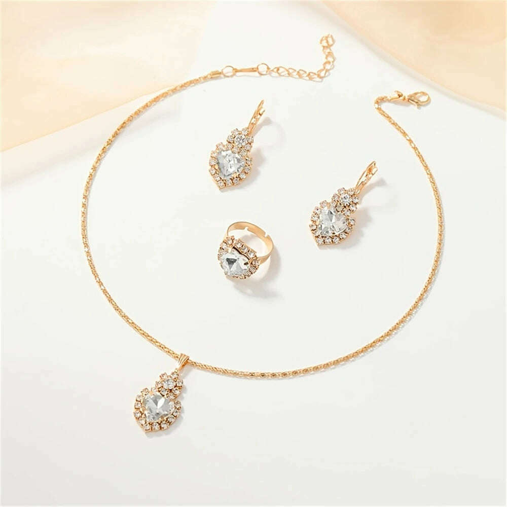 KIMLUD, Luxurious Design Heart Shape Red Crystal Necklace Ring Earrings Jewelry Set Elegant Bridal Wedding Accessories Anniversary Gifts, White, KIMLUD APPAREL - Womens Clothes
