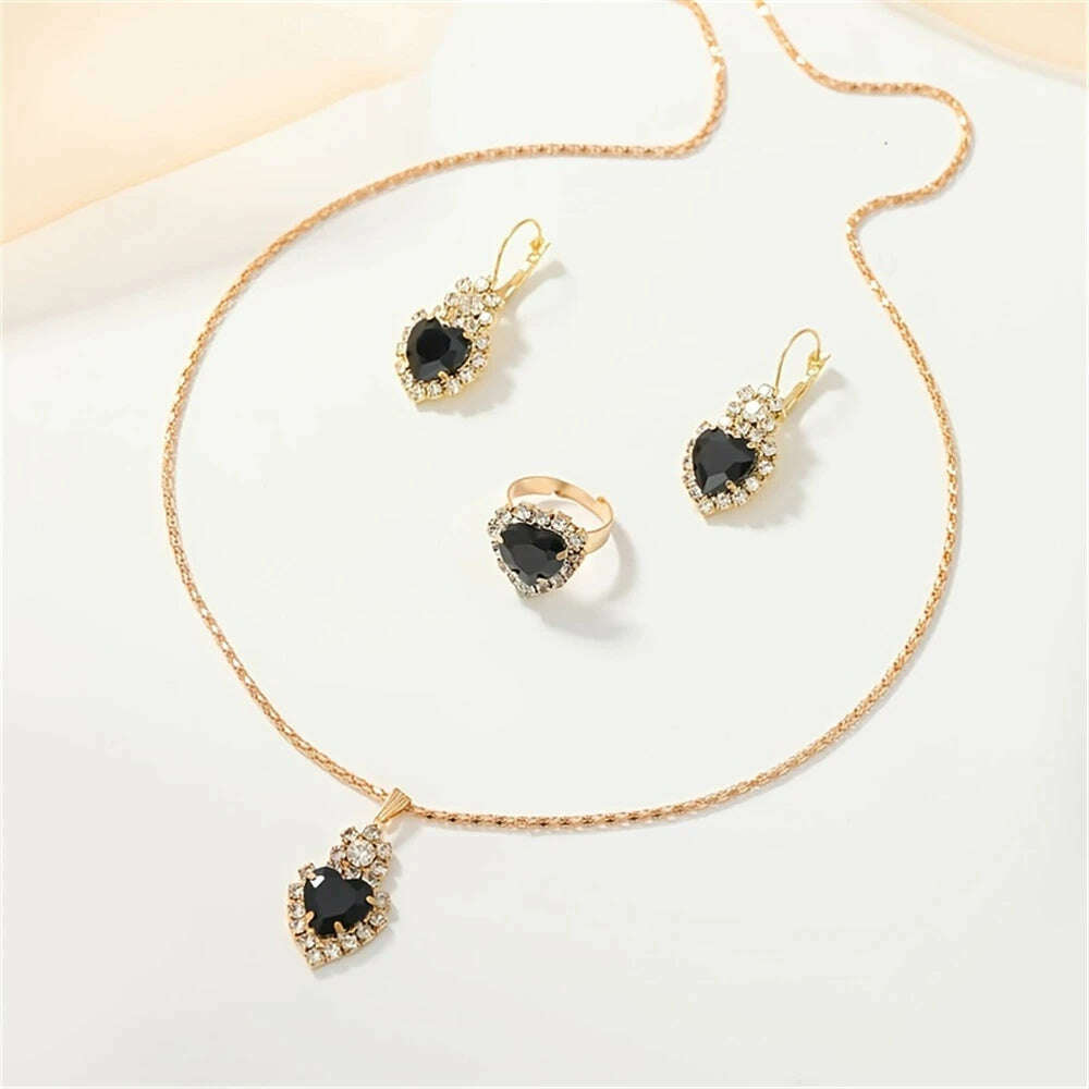 KIMLUD, Luxurious Design Heart Shape Red Crystal Necklace Ring Earrings Jewelry Set Elegant Bridal Wedding Accessories Anniversary Gifts, Black, KIMLUD APPAREL - Womens Clothes