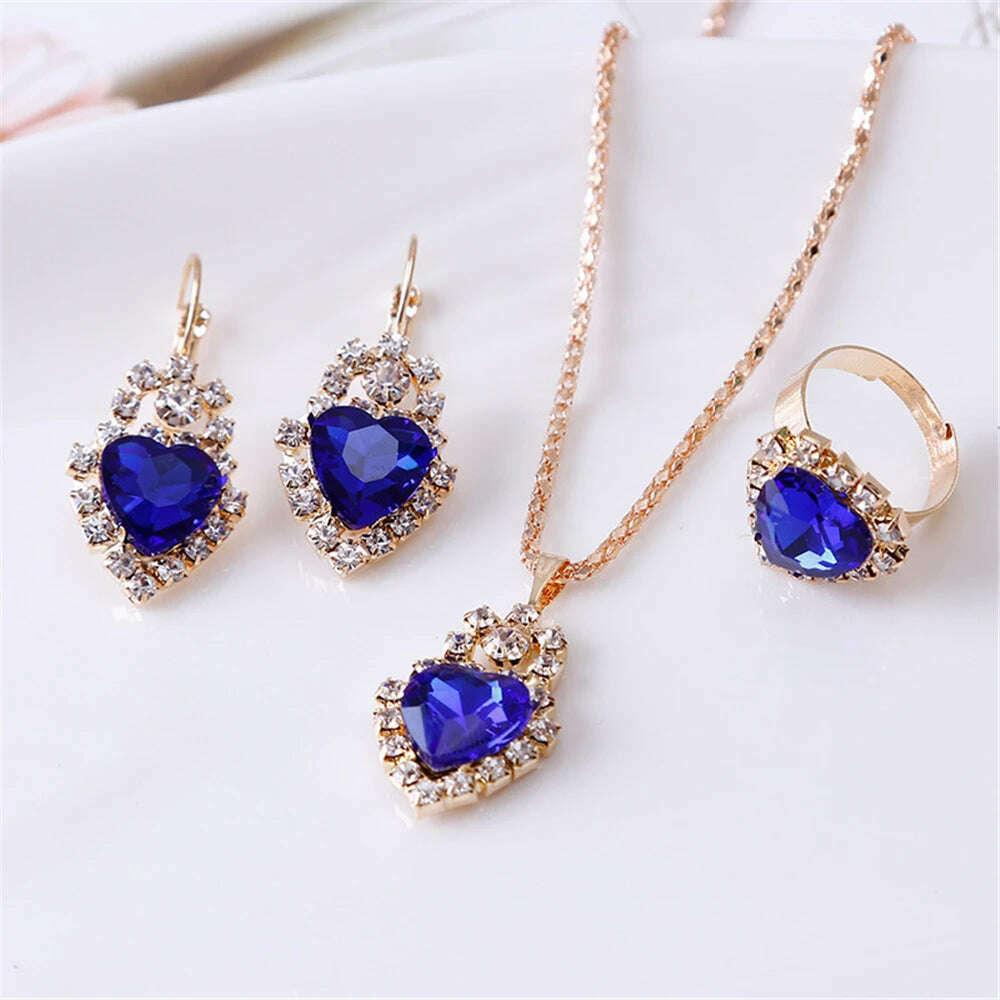 KIMLUD, Luxurious Design Heart Shape Red Crystal Necklace Ring Earrings Jewelry Set Elegant Bridal Wedding Accessories Anniversary Gifts, Blue, KIMLUD APPAREL - Womens Clothes
