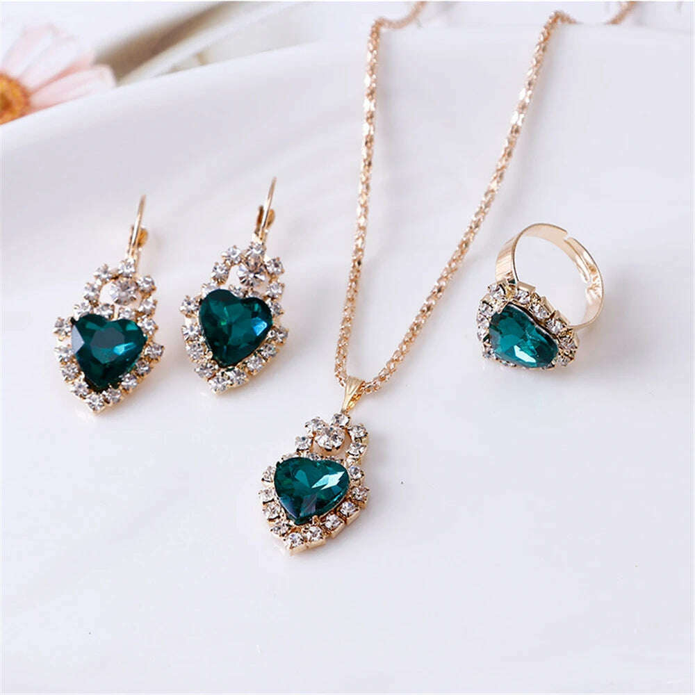 KIMLUD, Luxurious Design Heart Shape Red Crystal Necklace Ring Earrings Jewelry Set Elegant Bridal Wedding Accessories Anniversary Gifts, Green, KIMLUD APPAREL - Womens Clothes