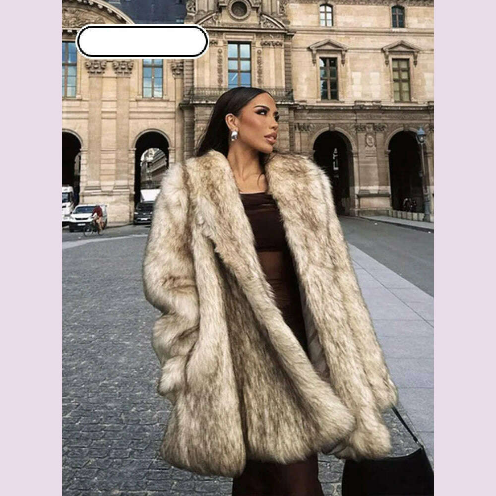 KIMLUD, Luxurious Fashion Lapel Faux Fur Midi Coat Women Street Long Sleeve Oversize Cardigan Jacket Winter Thick Warm Female Outerwear, KIMLUD Womens Clothes