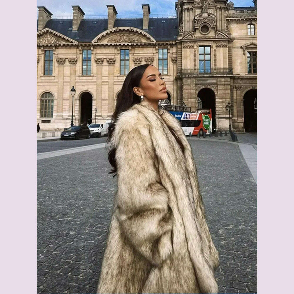 KIMLUD, Luxurious Fashion Lapel Faux Fur Midi Coat Women Street Long Sleeve Oversize Cardigan Jacket Winter Thick Warm Female Outerwear, Picture Color / S, KIMLUD APPAREL - Womens Clothes