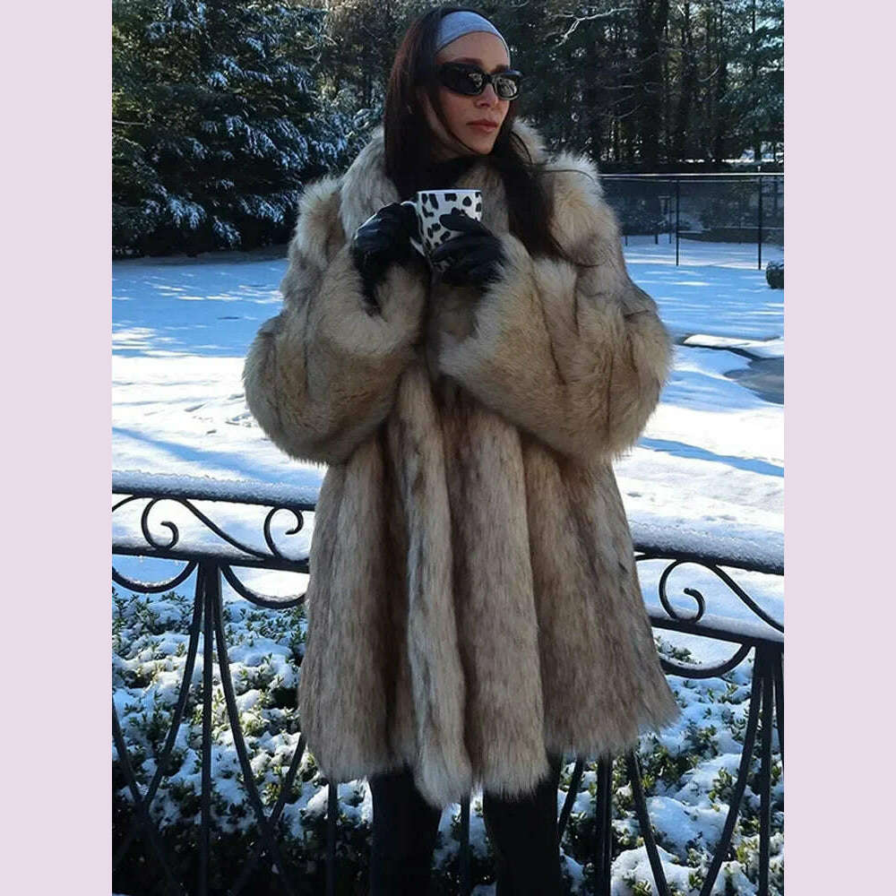 KIMLUD, Luxurious Fashion Lapel Faux Fur Midi Coat Women Street Long Sleeve Oversize Cardigan Jacket Winter Thick Warm Female Outerwear, KIMLUD Womens Clothes