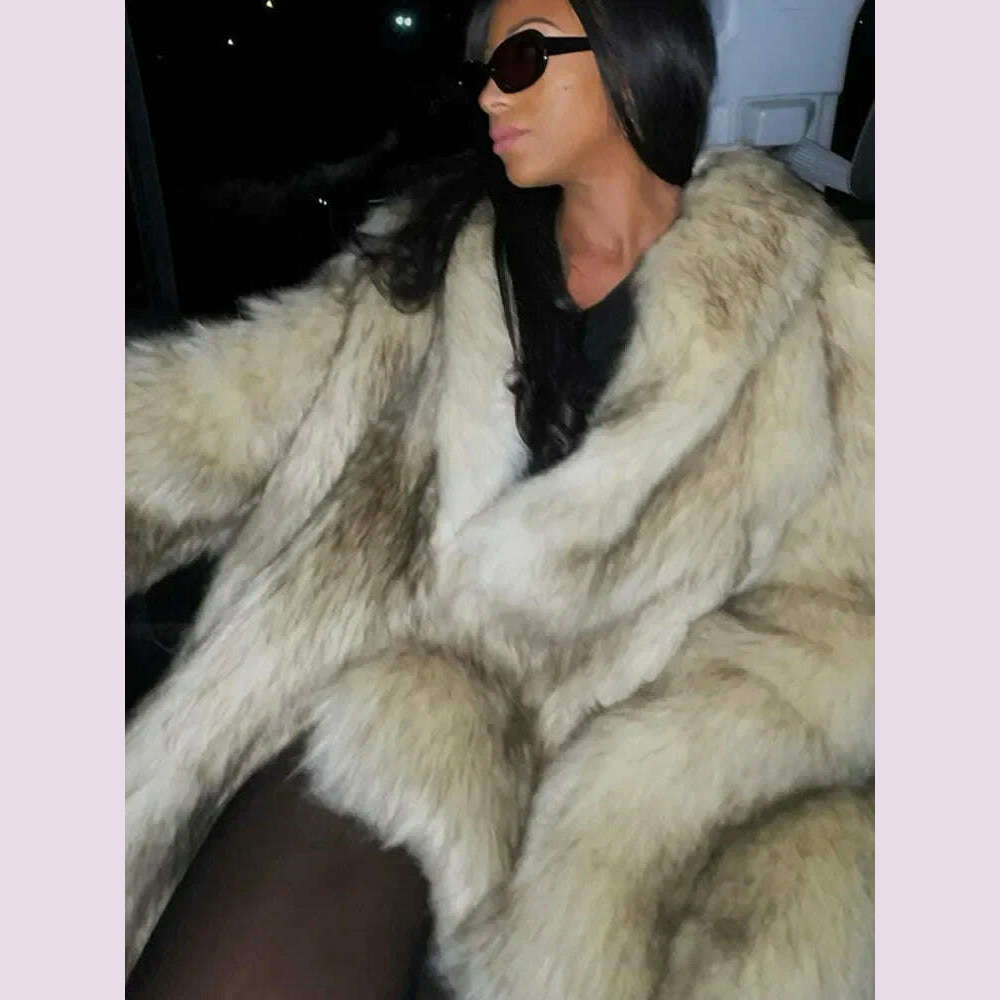 KIMLUD, Luxurious Fashion Lapel Faux Fur Midi Coat Women Street Long Sleeve Oversize Cardigan Jacket Winter Thick Warm Female Outerwear, KIMLUD Womens Clothes