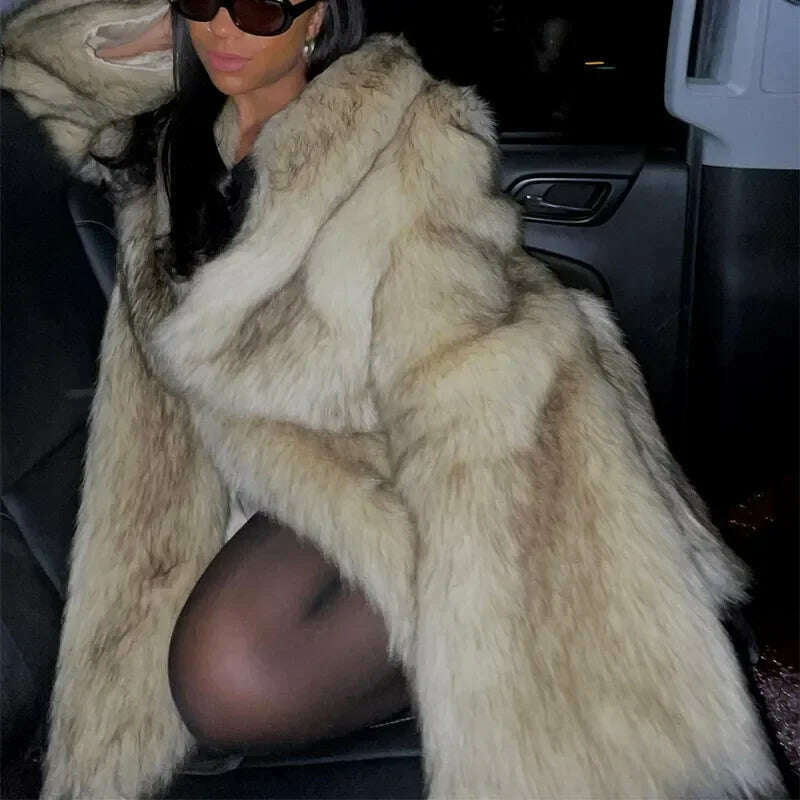 KIMLUD, Luxurious Fashion Lapel Faux Fur Midi Coat Women Street Long Sleeve Oversize Cardigan Jacket Winter Thick Warm Female Outerwear, KIMLUD Womens Clothes