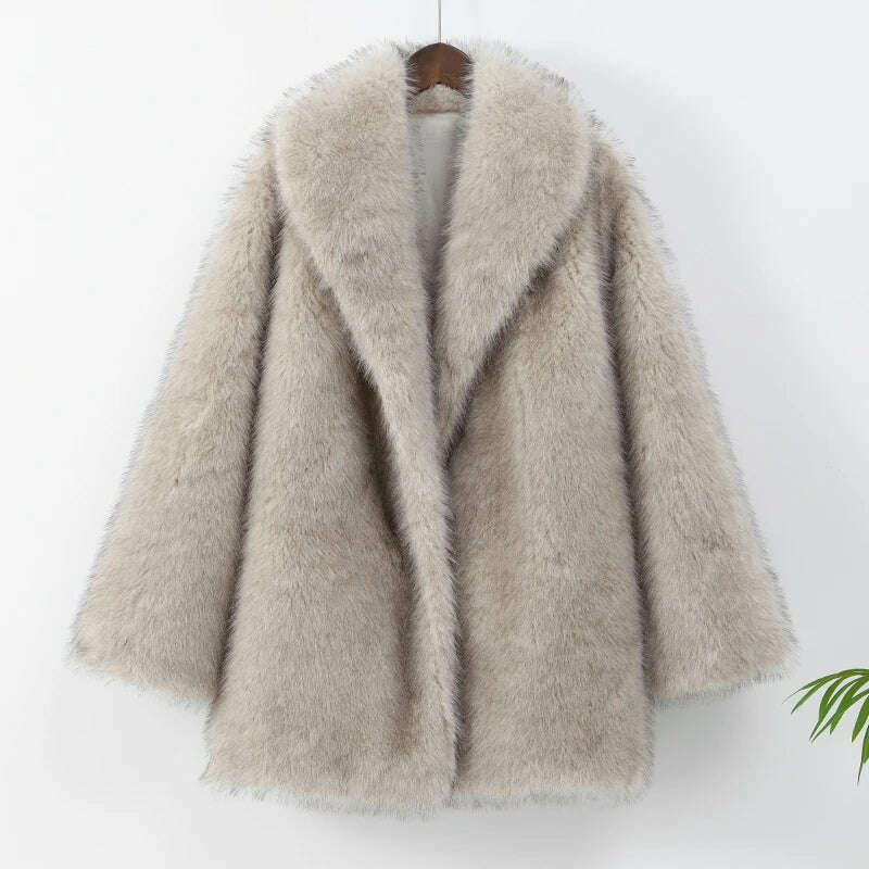 KIMLUD, Luxurious Fashion Lapel Faux Fur Midi Coat Women Street Long Sleeve Oversize Cardigan Jacket Winter Thick Warm Female Outerwear, KIMLUD Womens Clothes
