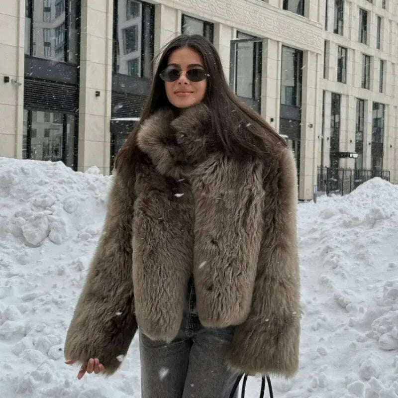 KIMLUD, Luxurious Fashion Lapel Faux Fur Midi Coat Women Street Long Sleeve Oversize Cardigan Jacket Winter Thick Warm Female Outerwear, KIMLUD Womens Clothes
