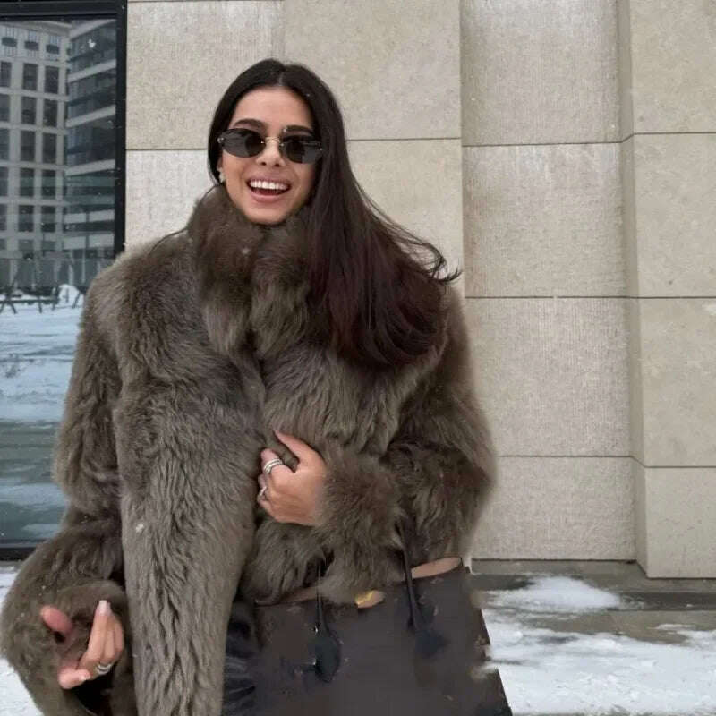 KIMLUD, Luxurious Fashion Lapel Faux Fur Midi Coat Women Street Long Sleeve Oversize Cardigan Jacket Winter Thick Warm Female Outerwear, KIMLUD Womens Clothes