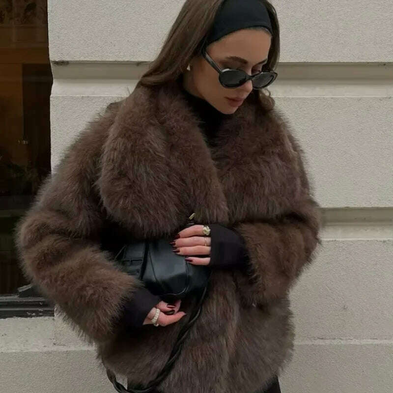 KIMLUD, Luxurious Fashion Lapel Faux Fur Midi Coat Women Street Long Sleeve Oversize Cardigan Jacket Winter Thick Warm Female Outerwear, KIMLUD Womens Clothes