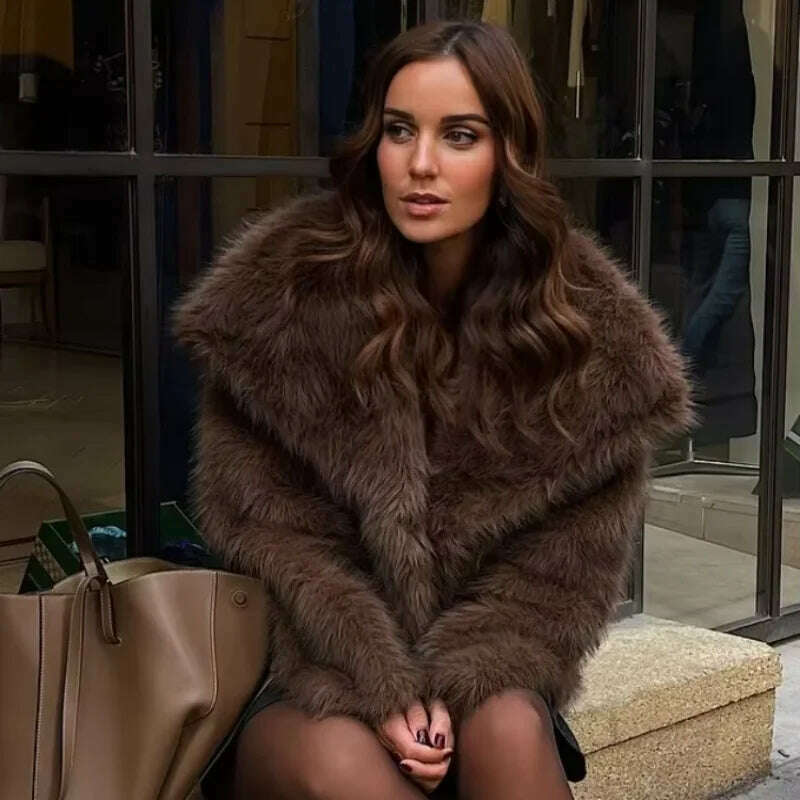 KIMLUD, Luxurious Fashion Lapel Faux Fur Midi Coat Women Street Long Sleeve Oversize Cardigan Jacket Winter Thick Warm Female Outerwear, KIMLUD Womens Clothes