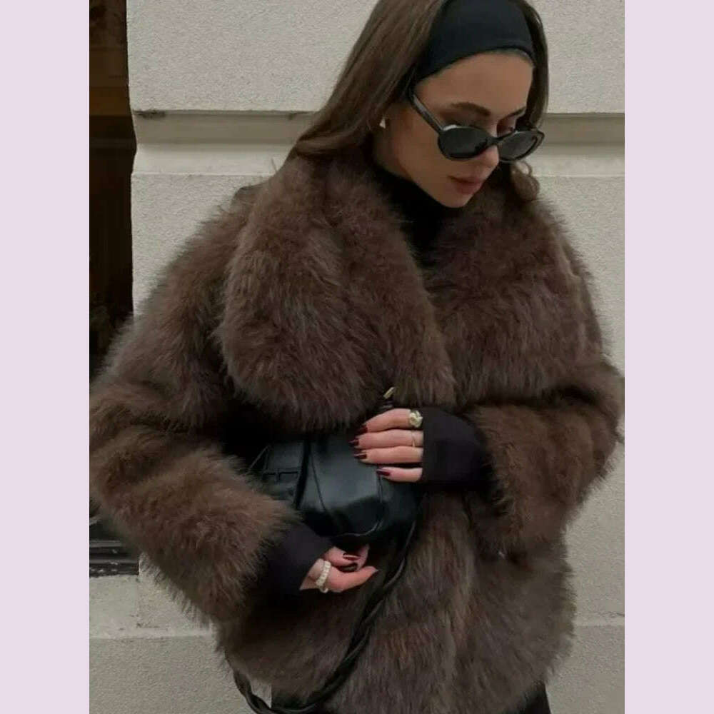 KIMLUD, Luxurious Fashion Lapel Faux Fur Midi Coat Women Street Long Sleeve Oversize Cardigan Jacket Winter Thick Warm Female Outerwear, lapel collar brown / M, KIMLUD APPAREL - Womens Clothes