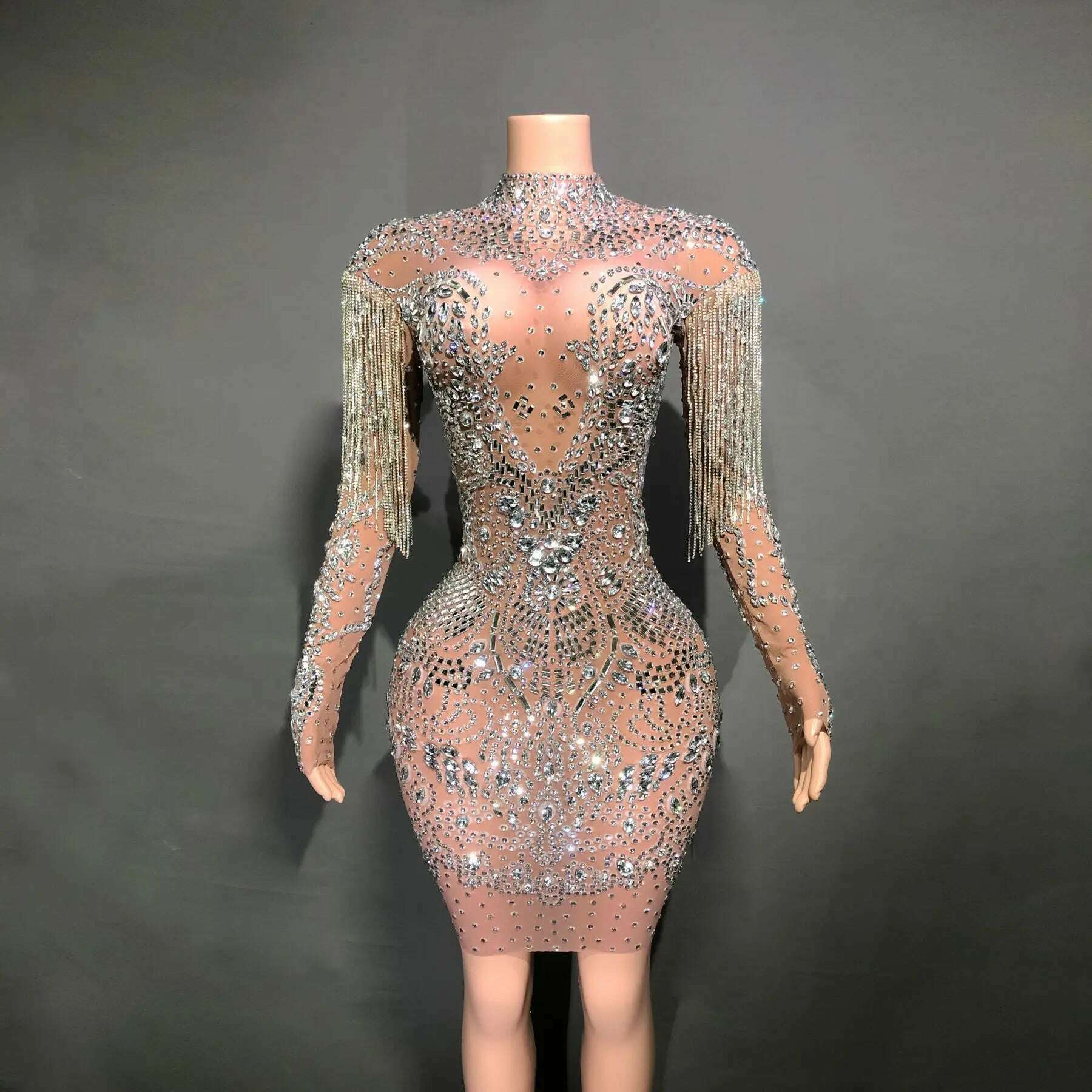 Luxurious Full Rhinestones Short Dress for Women Evening Prom Celebrate Dress Sexy Mesh Transparent Singer Show Stage Wear - KIMLUD