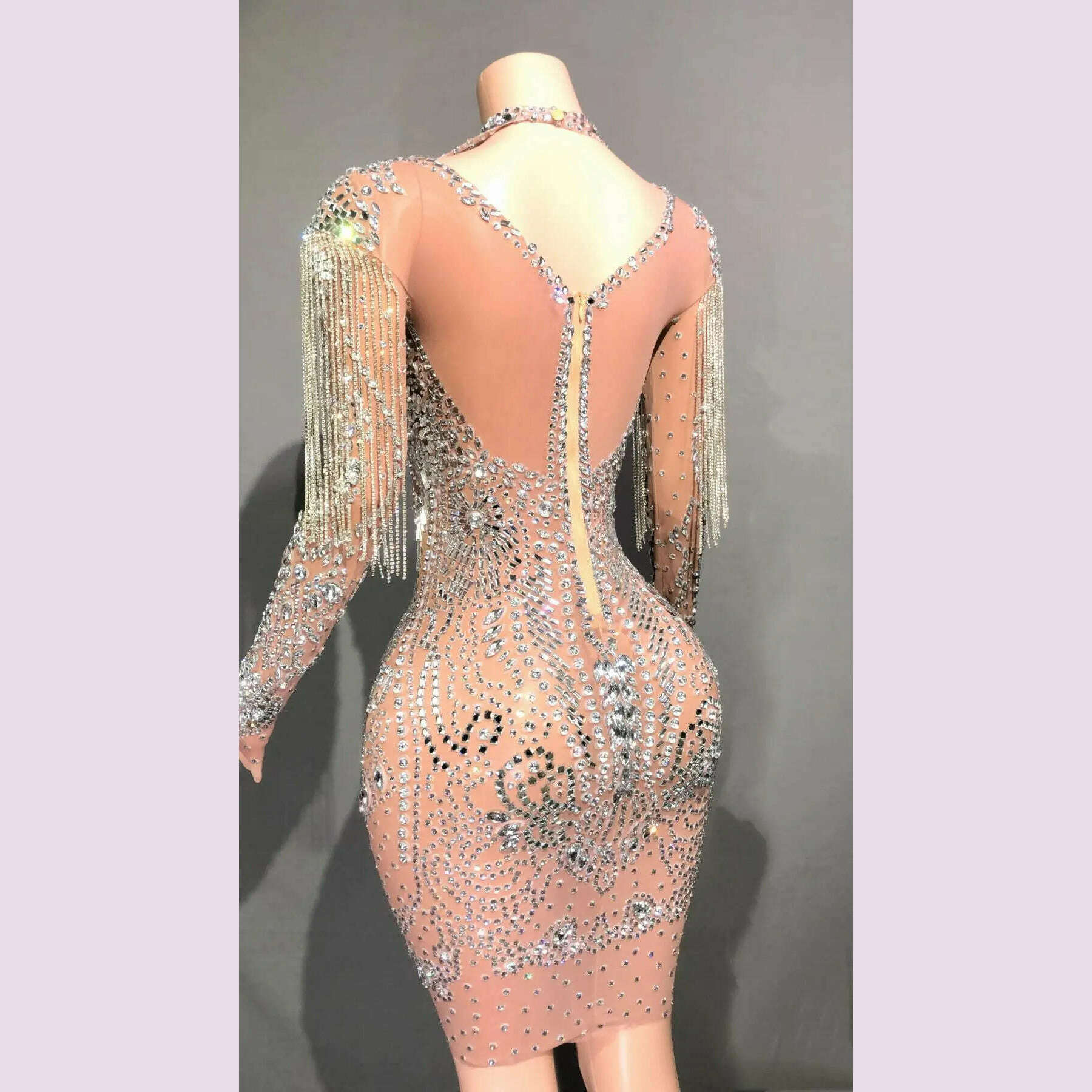 Luxurious Full Rhinestones Short Dress for Women Evening Prom Celebrate Dress Sexy Mesh Transparent Singer Show Stage Wear - KIMLUD