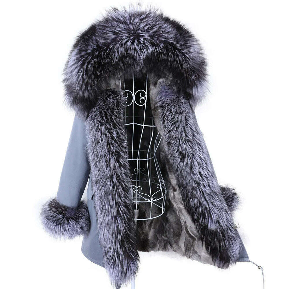 KIMLUD, Luxurious Winter Women Big Raccoon Fur Collar Real Fur Coat Long Rabbit Fur Lining Hooded Parka Warm Coats, 32 / XL, KIMLUD APPAREL - Womens Clothes