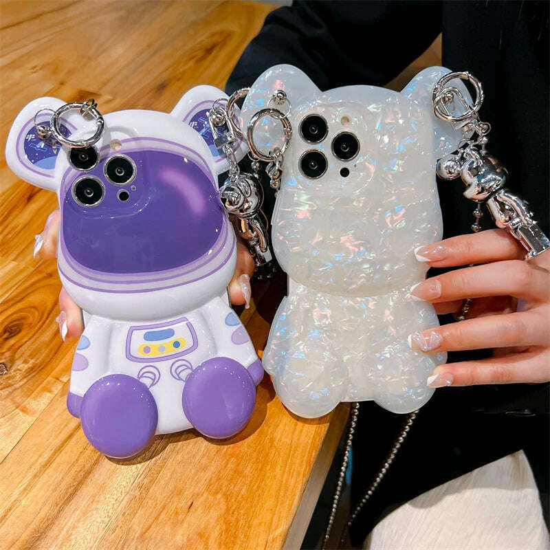 KIMLUD, Luxury 3D Shell Bear Crossbody Lanyard Stylish Cute Metal Chain Phone Case For iPhone 14 13 12 Pro Max 14Pro Shockproof Funda, KIMLUD Womens Clothes