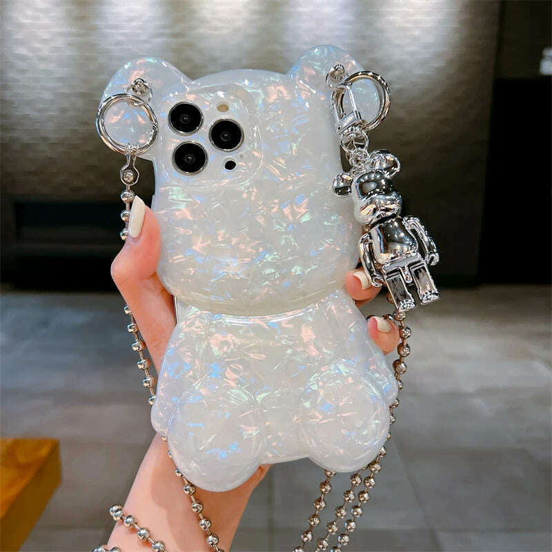 KIMLUD, Luxury 3D Shell Bear Crossbody Lanyard Stylish Cute Metal Chain Phone Case For iPhone 14 13 12 Pro Max 14Pro Shockproof Funda, A / for iphone 14Pro, KIMLUD APPAREL - Womens Clothes