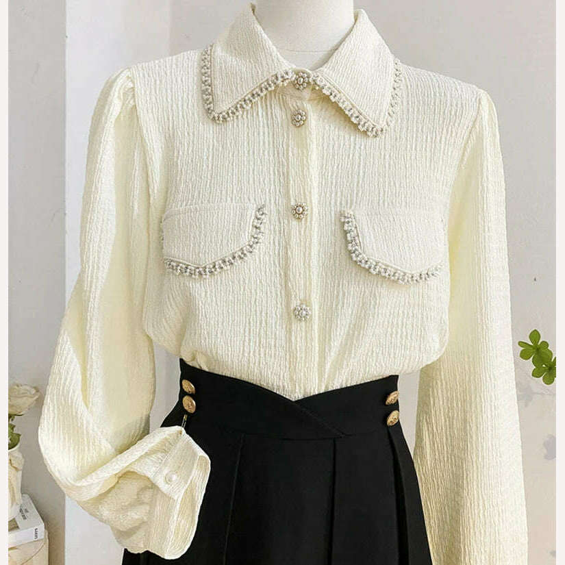 KIMLUD, Luxury Beaded Stitch Shirts Blouses For Women's Spring Autumn New Fashion Beige Shirt Long Sleeve Office Lady Elegant Top, KIMLUD Womens ClothesKIMLUD, Luxury Beaded Stitch Shirts Blouses For Women's Spring Autumn New Fashion Beige Shirt Long Sleeve Office Lady Elegant Top, Beige / S, KIMLUD APPAREL - Womens Clothes