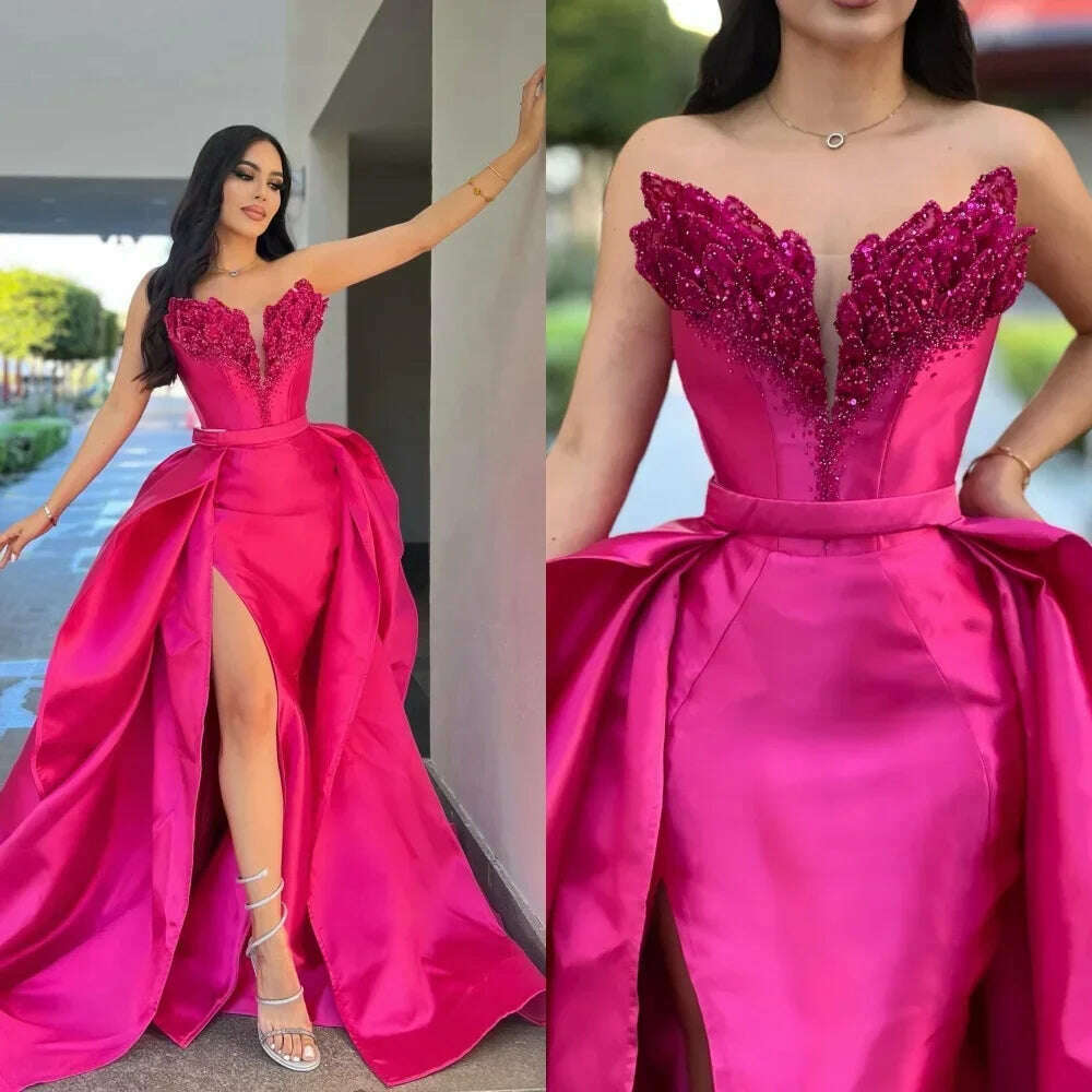 Luxury Beads Sequined Satin Prom Dresses Chic Sleeveless Pleat Side Slit Mermaid Gowns Fashion Sweep Train Evening Party Dresses - KIMLUD