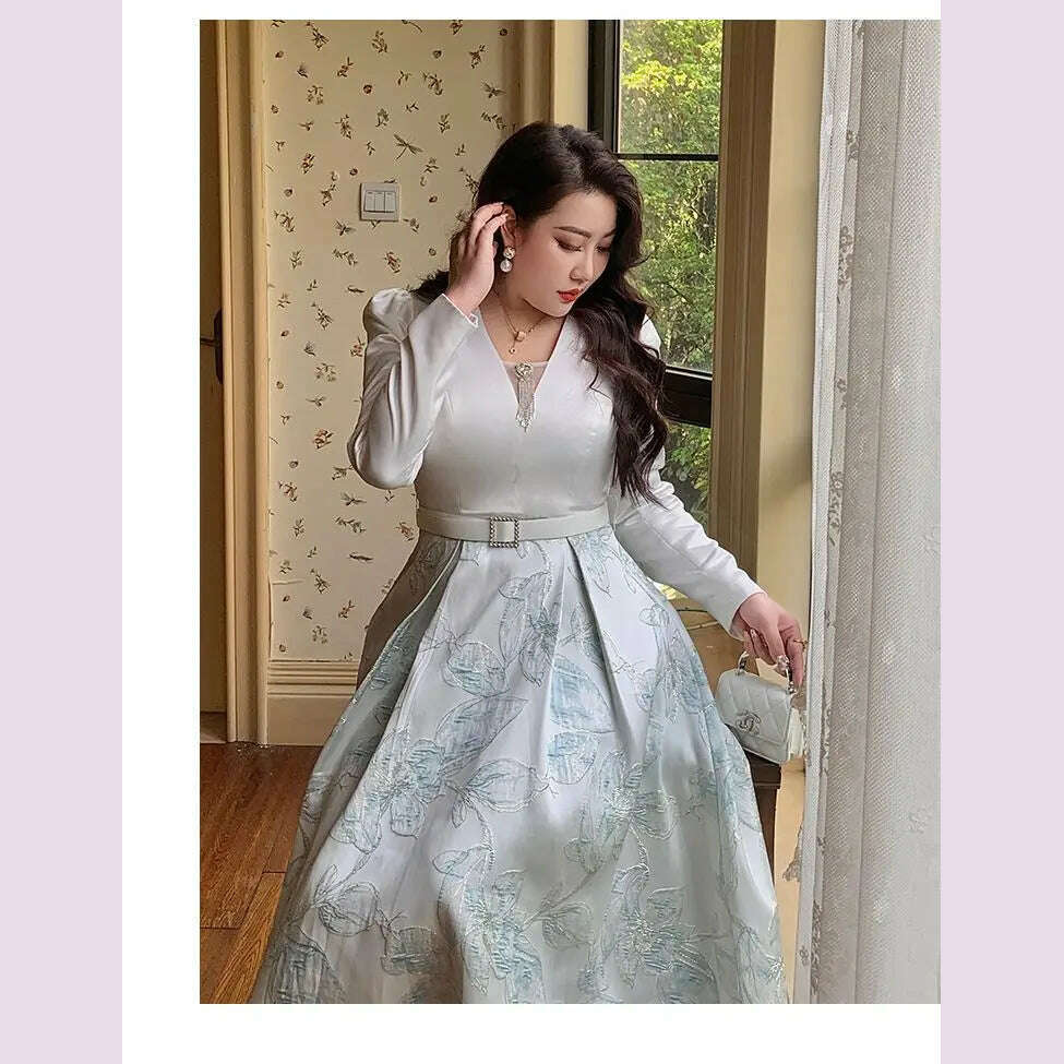 KIMLUD, Luxury Big Size Jacquard Dress With Belt Occasion V-Neck Brocade Dress Women Long Sleeve Party Evening Clothing Ball Gown, KIMLUD Womens Clothes