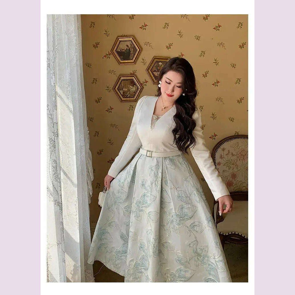 KIMLUD, Luxury Big Size Jacquard Dress With Belt Occasion V-Neck Brocade Dress Women Long Sleeve Party Evening Clothing Ball Gown, KIMLUD Womens Clothes