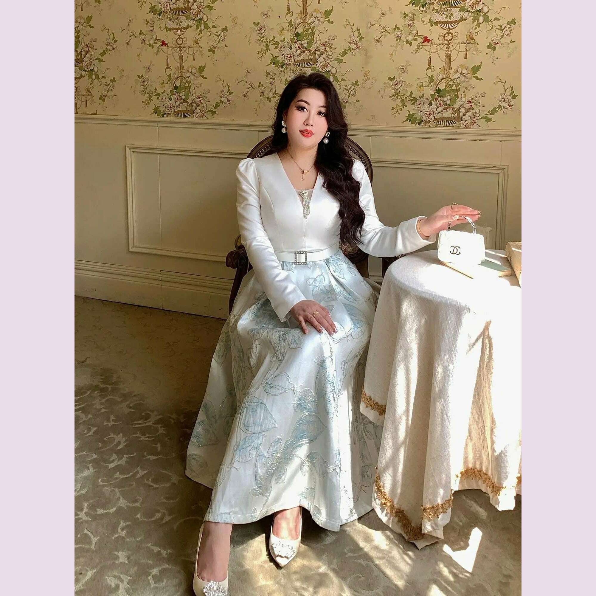 KIMLUD, Luxury Big Size Jacquard Dress With Belt Occasion V-Neck Brocade Dress Women Long Sleeve Party Evening Clothing Ball Gown, KIMLUD Womens Clothes