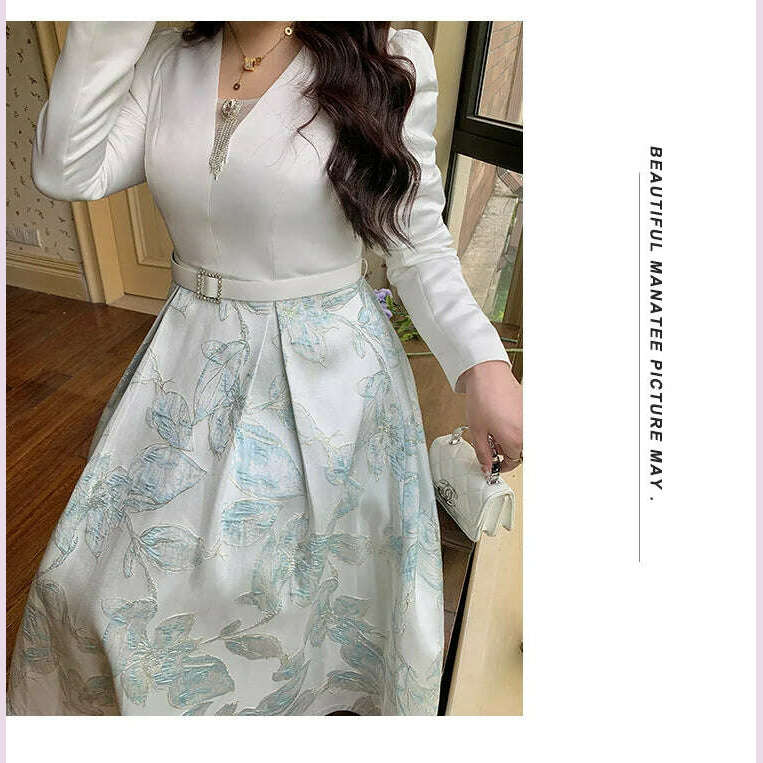 KIMLUD, Luxury Big Size Jacquard Dress With Belt Occasion V-Neck Brocade Dress Women Long Sleeve Party Evening Clothing Ball Gown, KIMLUD Womens Clothes