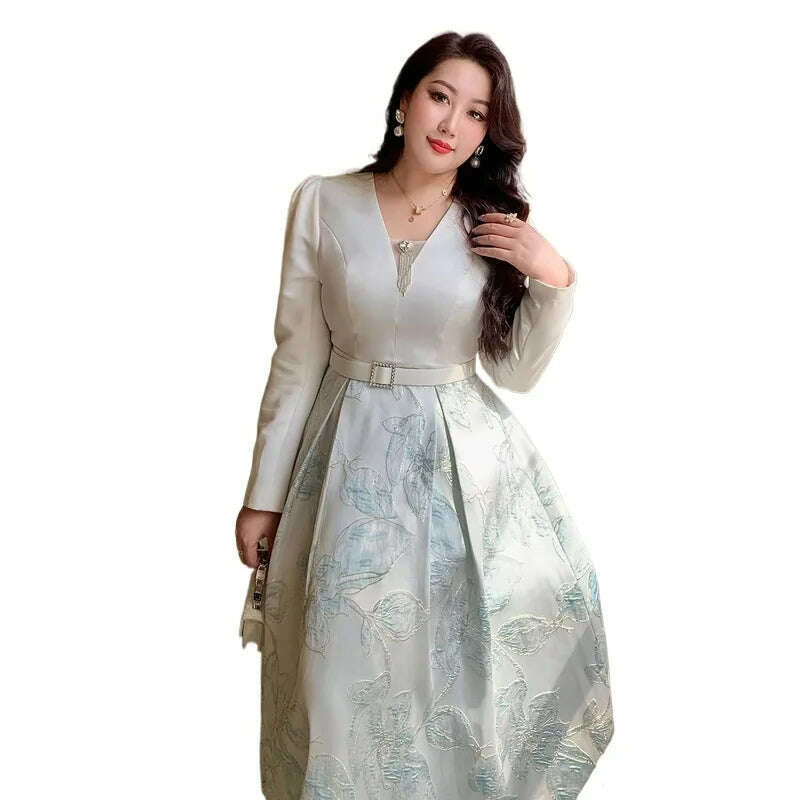 KIMLUD, Luxury Big Size Jacquard Dress With Belt Occasion V-Neck Brocade Dress Women Long Sleeve Party Evening Clothing Ball Gown, KIMLUD Womens Clothes