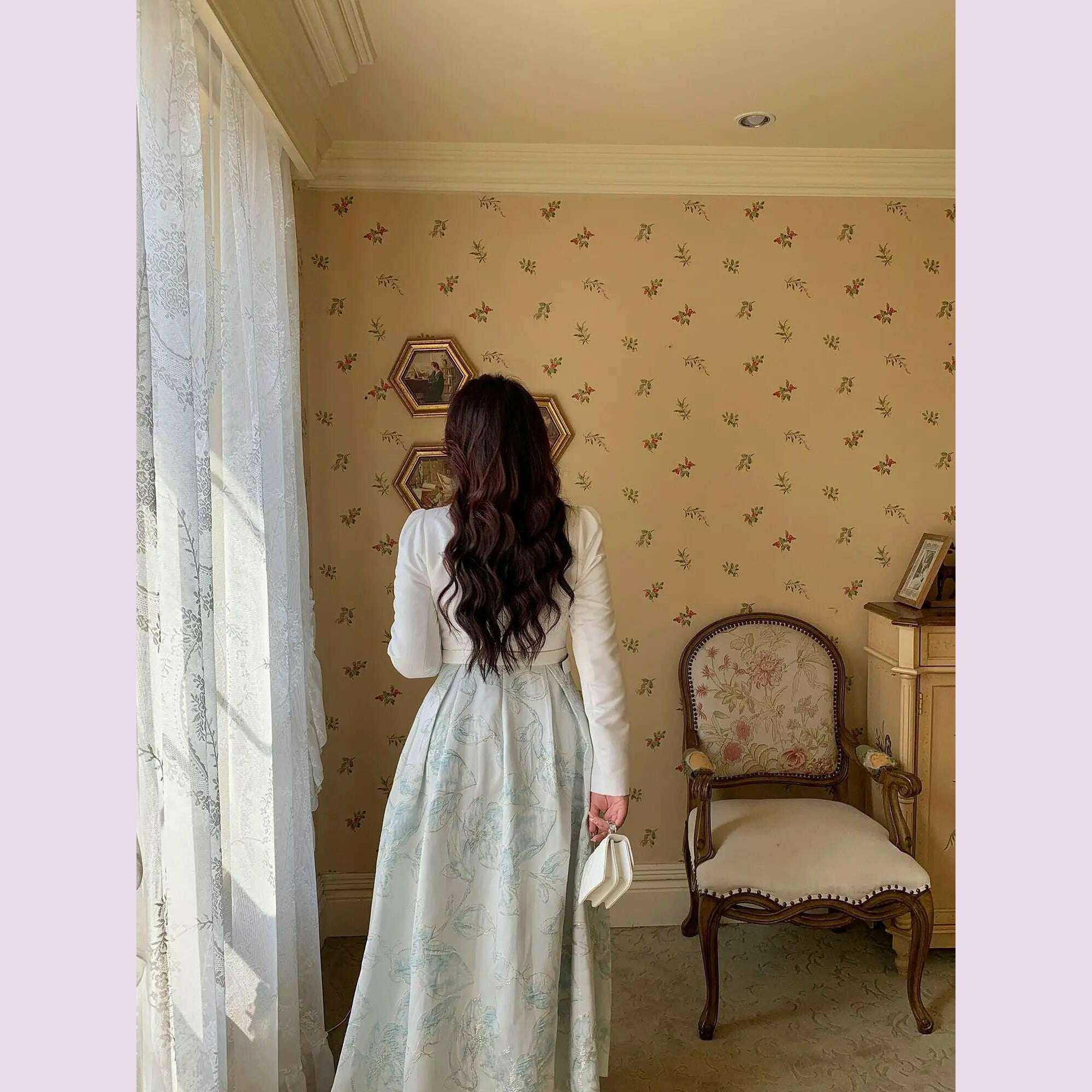 KIMLUD, Luxury Big Size Jacquard Dress With Belt Occasion V-Neck Brocade Dress Women Long Sleeve Party Evening Clothing Ball Gown, KIMLUD Womens Clothes