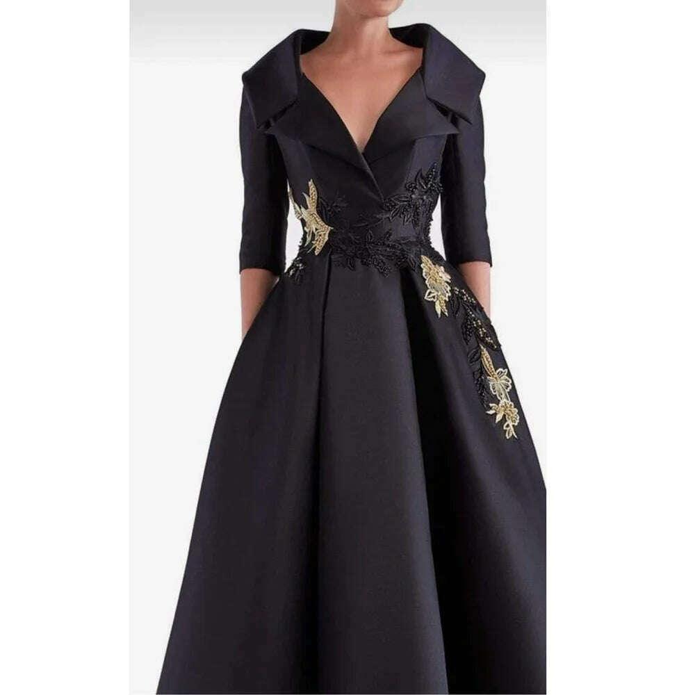 Luxury Black Evening Dress V-Neck Half Sleeve Appliques Floor Length Satin Pleat Formal Occasion Elegant Women Special Party - KIMLUD