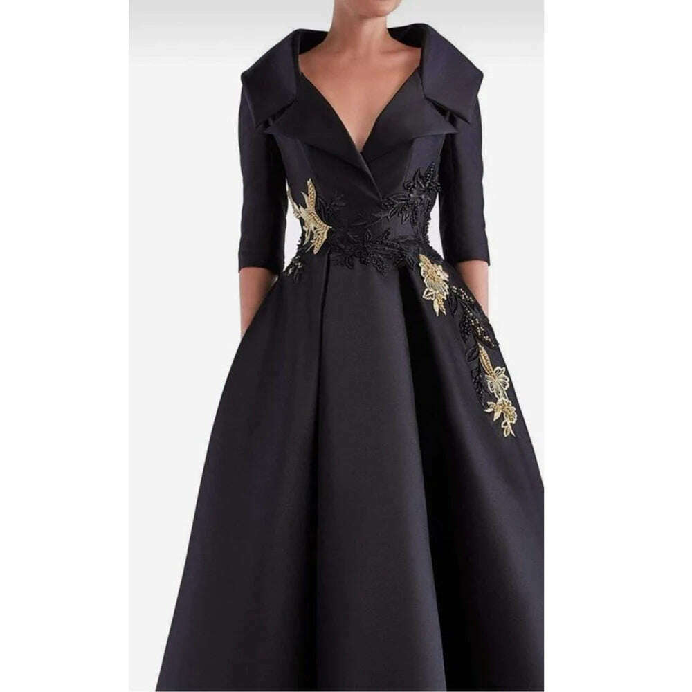Luxury Black Evening Dress V-Neck Half Sleeve Appliques Floor Length Satin Pleat Formal Occasion Elegant Women Special Party - KIMLUD
