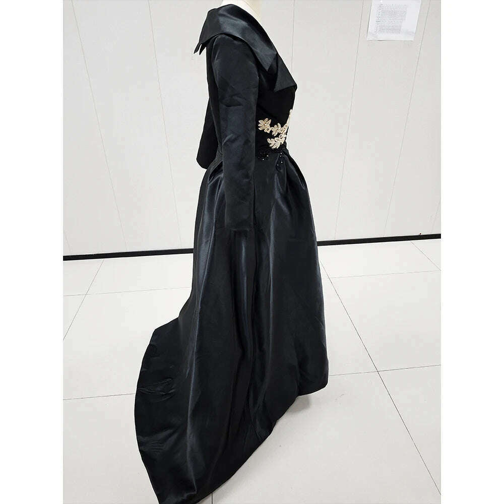 Luxury Black Evening Dress V-Neck Half Sleeve Appliques Floor Length Satin Pleat Formal Occasion Elegant Women Special Party - KIMLUD