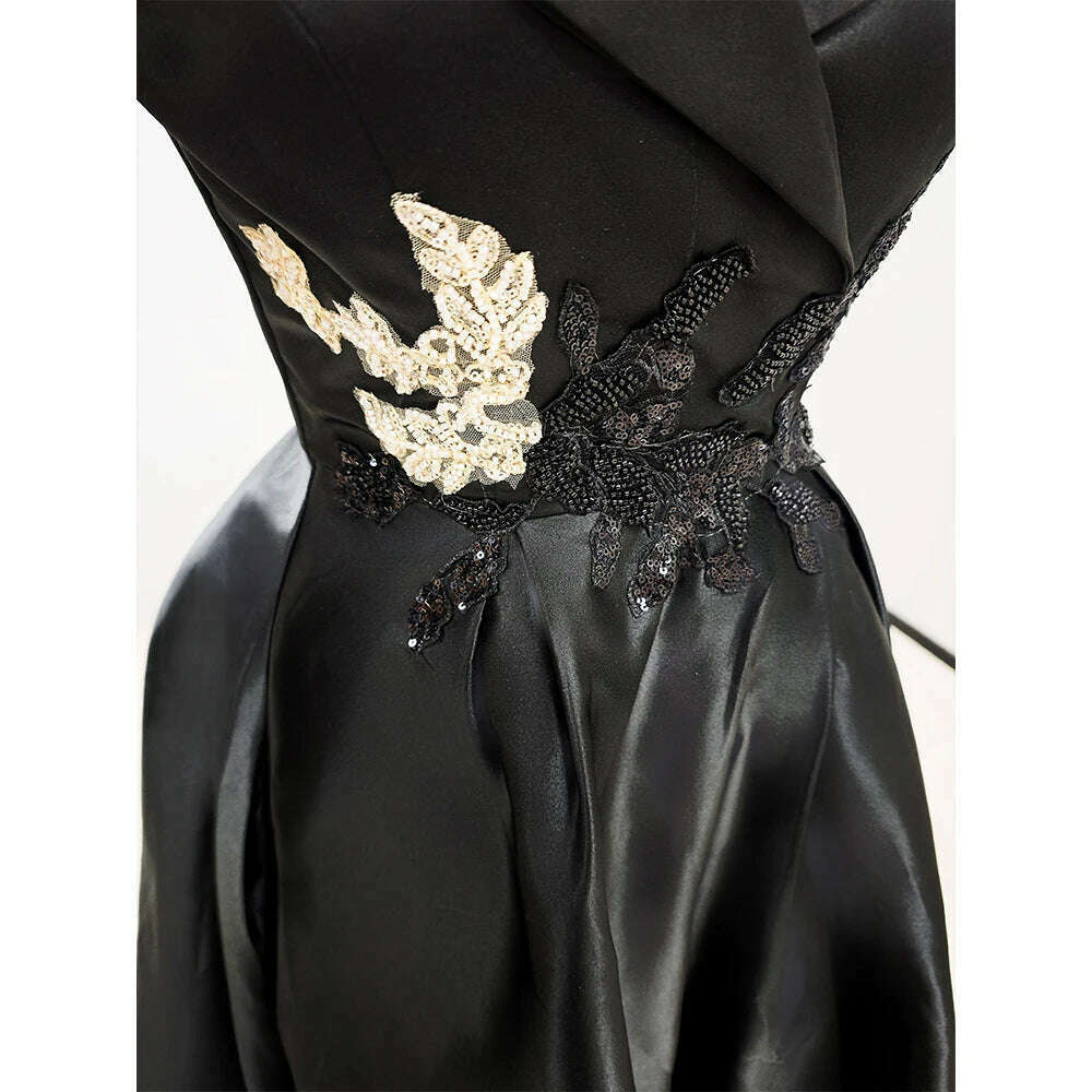 Luxury Black Evening Dress V-Neck Half Sleeve Appliques Floor Length Satin Pleat Formal Occasion Elegant Women Special Party - KIMLUD