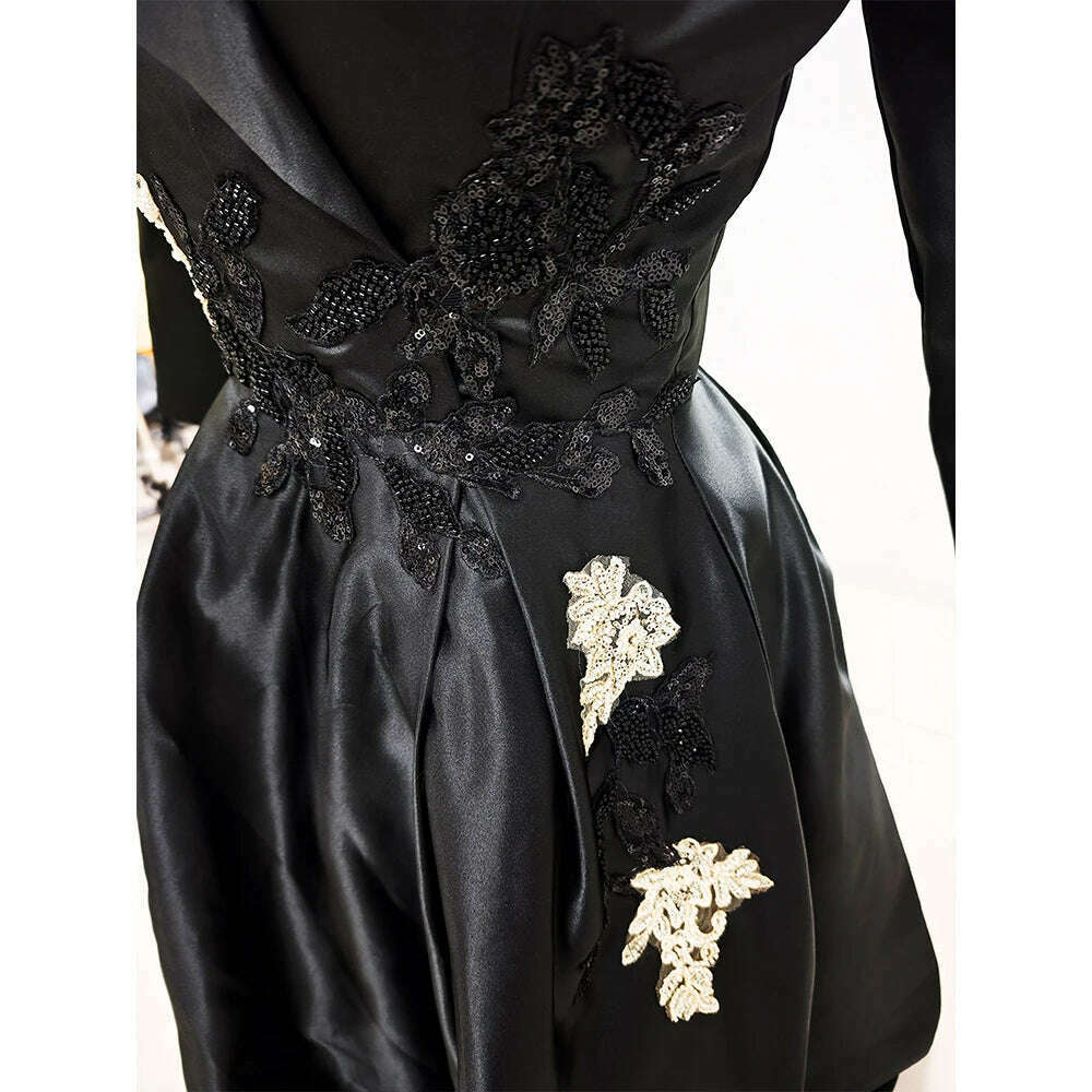 Luxury Black Evening Dress V-Neck Half Sleeve Appliques Floor Length Satin Pleat Formal Occasion Elegant Women Special Party - KIMLUD