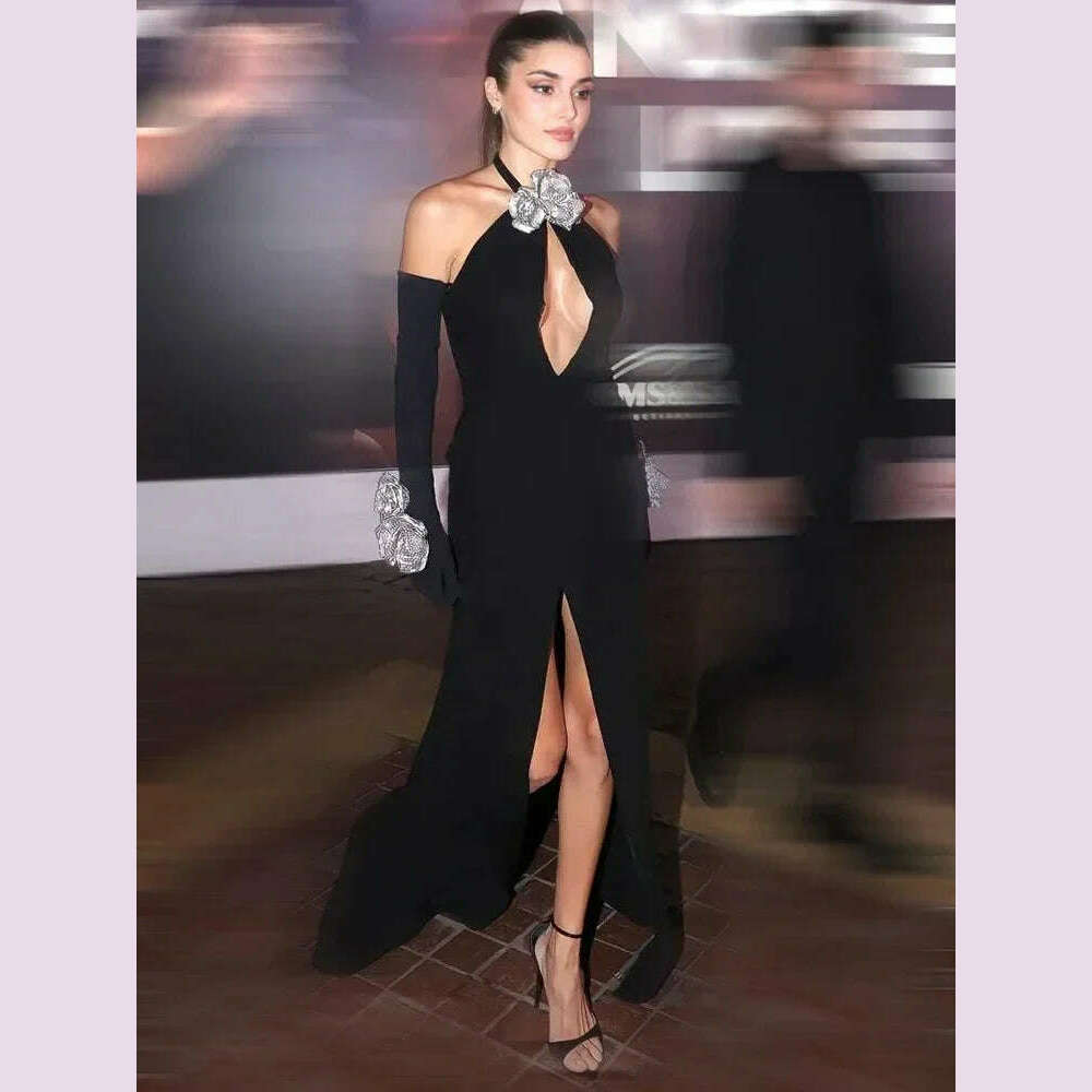 KIMLUD, Luxury Black Long One-piece Dress Gown Women Halter Key Hole Open Leg with Golves Maxi Long Celebrity Evening Club Party Dresses, KIMLUD Womens Clothes