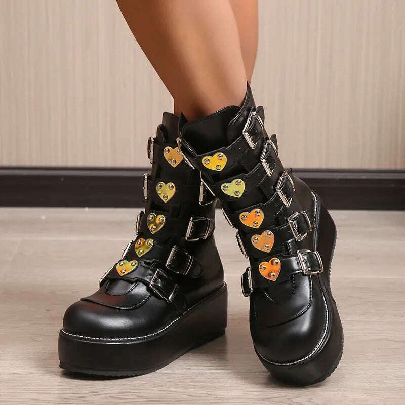 KIMLUD, Big Size 43 Fashion Cool Street Buckles Goth Winter Platform Motorcycles Boots Halloween Cosplay Black Woman Shoes, KIMLUD Womens Clothes