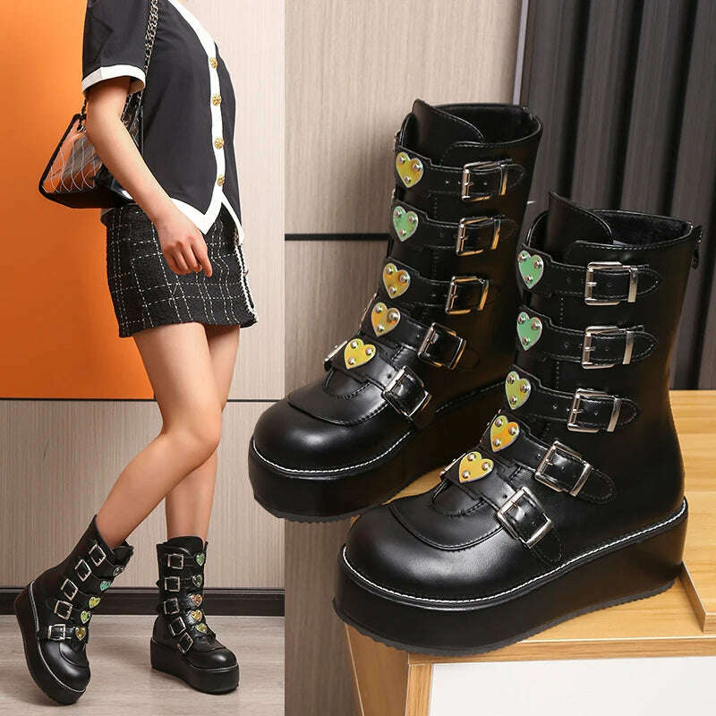 KIMLUD, Luxury Brand Big Size 43 Fashion Cool Street Buckles Goth Winter Platform Motorcycles Boots Halloween Cosplay Black Woman Shoes, KIMLUD Womens Clothes