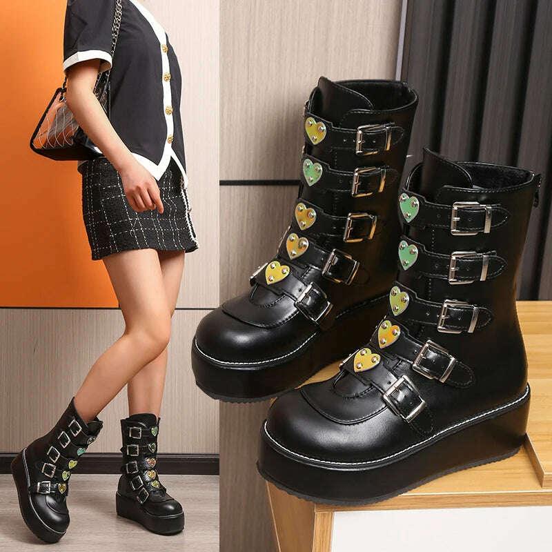 KIMLUD, Big Size 43 Fashion Cool Street Buckles Goth Winter Platform Motorcycles Boots Halloween Cosplay Black Woman Shoes, KIMLUD Womens Clothes