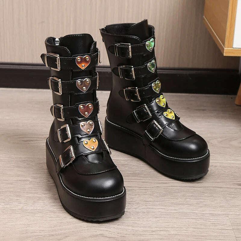 KIMLUD, Big Size 43 Fashion Cool Street Buckles Goth Winter Platform Motorcycles Boots Halloween Cosplay Black Woman Shoes, KIMLUD Womens Clothes