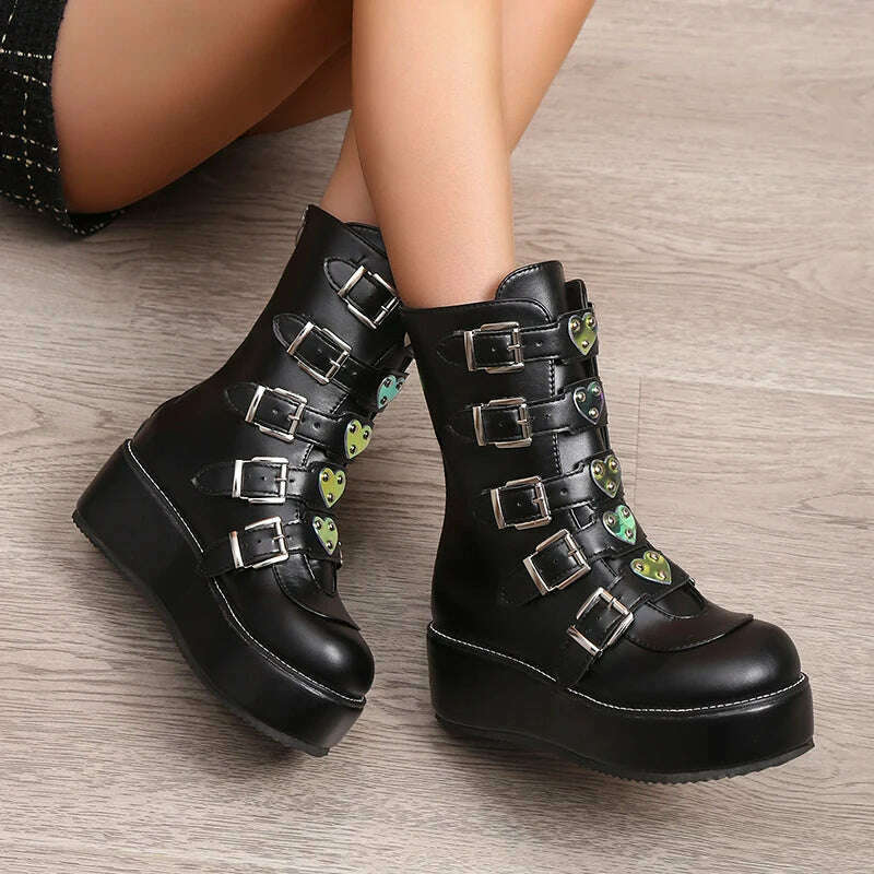 KIMLUD, Luxury Brand Big Size 43 Fashion Cool Street Buckles Goth Winter Platform Motorcycles Boots Halloween Cosplay Black Woman Shoes, KIMLUD Womens Clothes