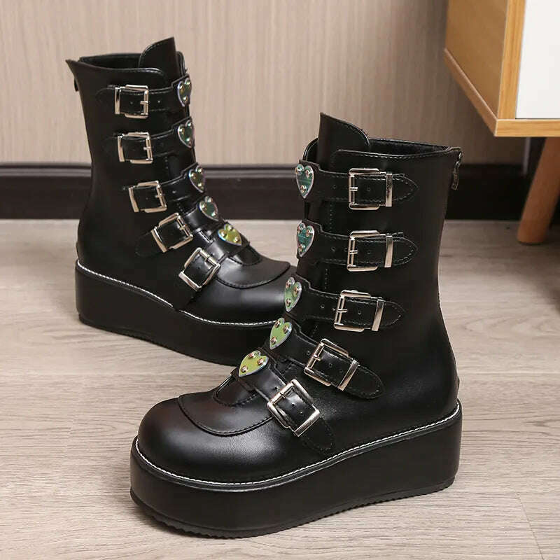 KIMLUD, Luxury Brand Big Size 43 Fashion Cool Street Buckles Goth Winter Platform Motorcycles Boots Halloween Cosplay Black Woman Shoes, KIMLUD Womens Clothes