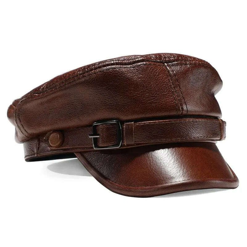 KIMLUD, Luxury Brand Hat Women Men Military Caps Black Real Leather studentsr Hats Flat Female Adjustable Autumn Winter Captain Caps, brown / China / 55-56cm, KIMLUD Womens Clothes