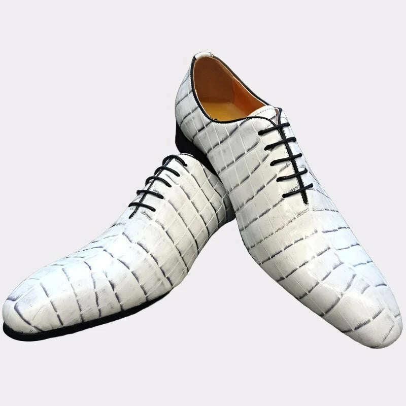 Luxury Brand Men Oxford Shoes Lace-up White Crocodile Print Casual Dress Man Shoes Wedding Office Leather Shoes For Men - KIMLUD