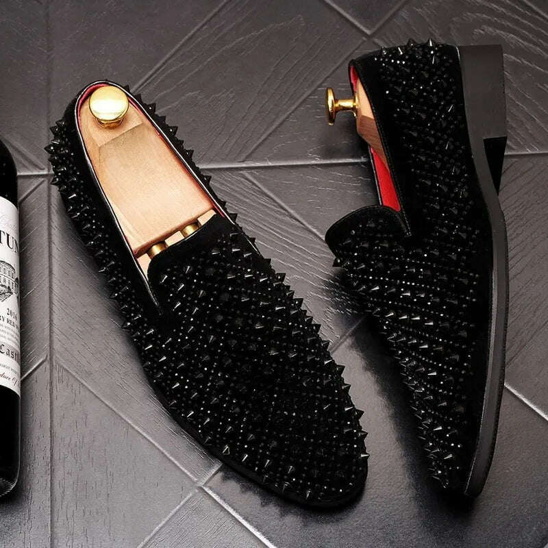 KIMLUD, Luxury Brand Men's Fashion Rivets Shoes Black Punk Flats Loafers Men Handmade Spiked Man Party Wedding Shoes Soft Moccasins, KIMLUD Womens Clothes