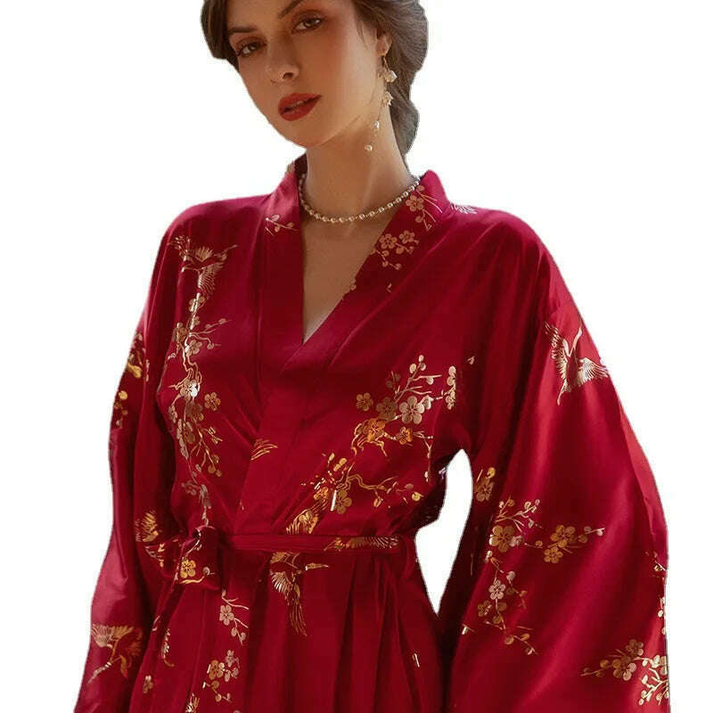 KIMLUD, Luxury Burgundy Kimono Robe Women Wedding Bride Bathrobe Sexy Bronzing Flower Morning Dressing Gown Elegant Sleepwear Nightgown, KIMLUD Womens Clothes