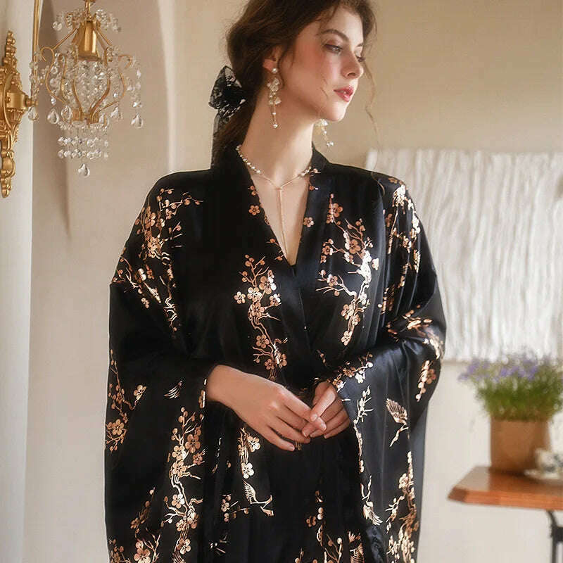 KIMLUD, Luxury Burgundy Kimono Robe Women Wedding Bride Bathrobe Sexy Bronzing Flower Morning Dressing Gown Elegant Sleepwear Nightgown, black / S, KIMLUD Womens Clothes