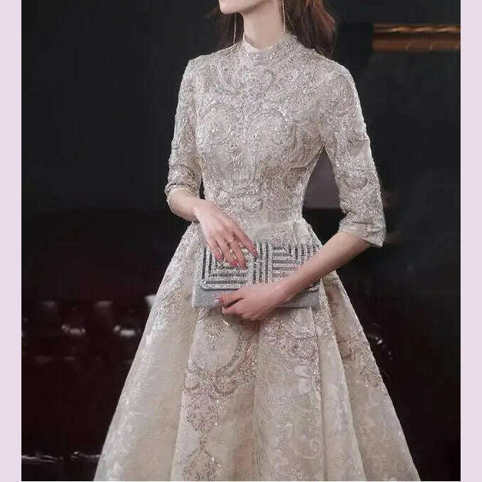 KIMLUD, Luxury Champagne Prom Dresses Half Sleeves Lace Beaded Elegant Formal High Neck A-Line Long Wedding Celebrity Evening Gowns New, KIMLUD Womens Clothes