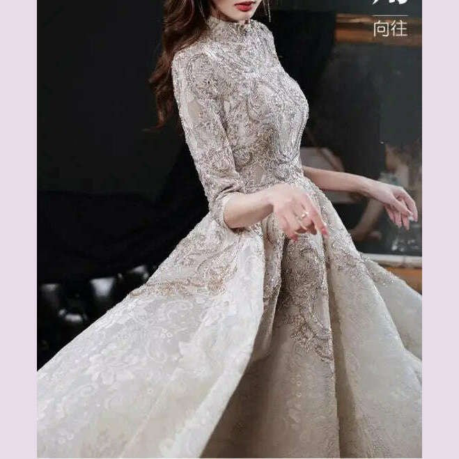 KIMLUD, Luxury Champagne Prom Dresses Half Sleeves Lace Beaded Elegant Formal High Neck A-Line Long Wedding Celebrity Evening Gowns New, KIMLUD Womens Clothes