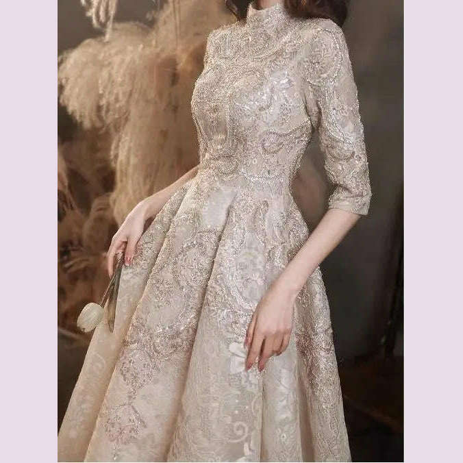 KIMLUD, Luxury Champagne Prom Dresses Half Sleeves Lace Beaded Elegant Formal High Neck A-Line Long Wedding Celebrity Evening Gowns New, KIMLUD Womens Clothes