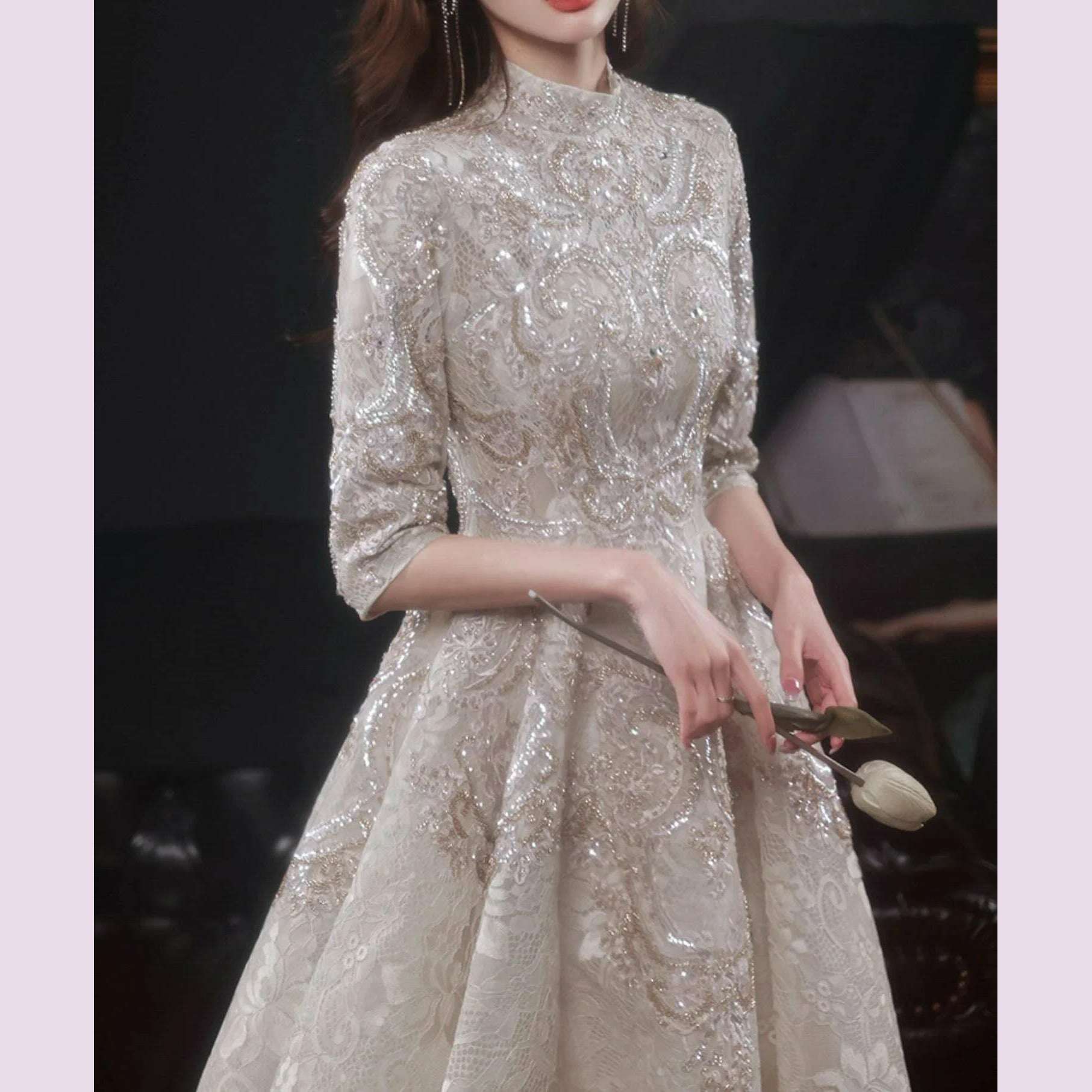 KIMLUD, Luxury Champagne Prom Dresses Half Sleeves Lace Beaded Elegant Formal High Neck A-Line Long Wedding Celebrity Evening Gowns New, KIMLUD Womens Clothes