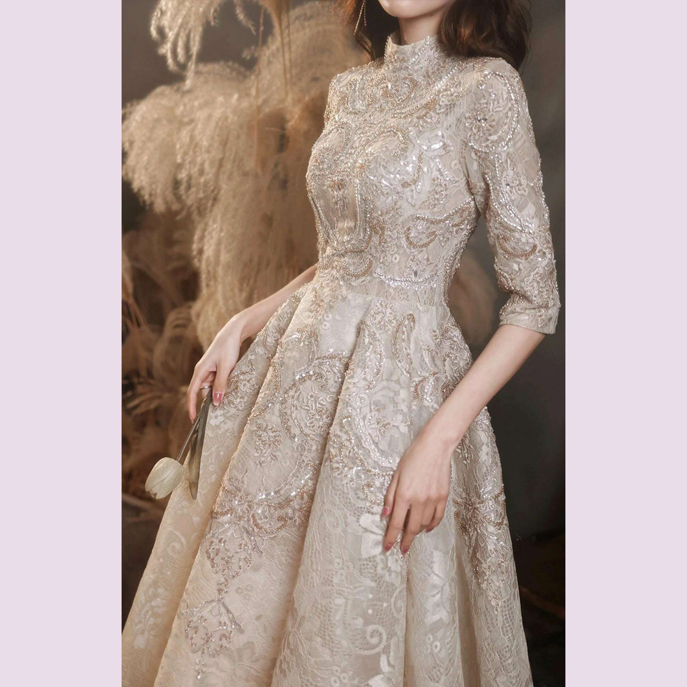 KIMLUD, Luxury Champagne Prom Dresses Half Sleeves Lace Beaded Elegant Formal High Neck A-Line Long Wedding Celebrity Evening Gowns New, KIMLUD Womens Clothes